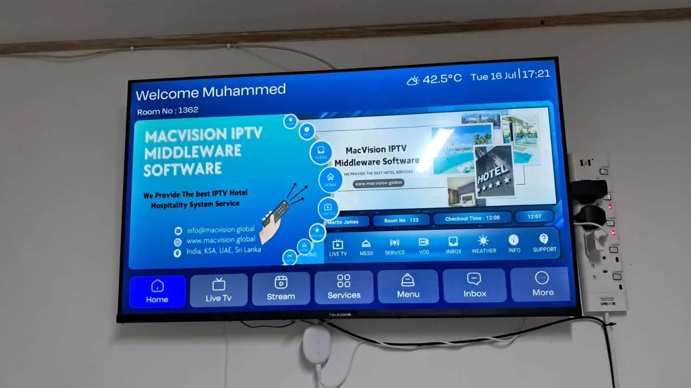 Dammam hotel and facility integration example showing mACVISION IPTV middleware operating on a room television at the labour camp
