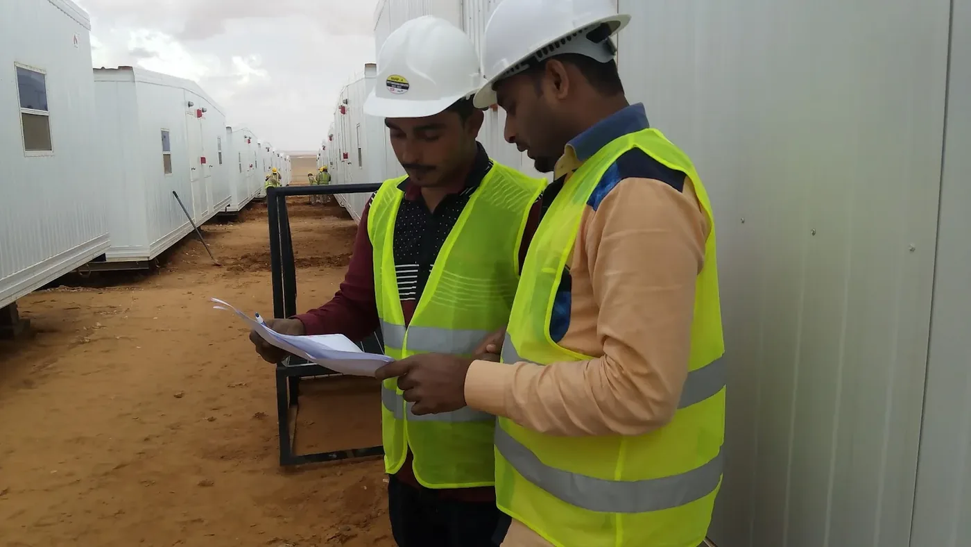 Dammam hotel and facility integration example showing site inspection and work planning for the Turaif labour camp project